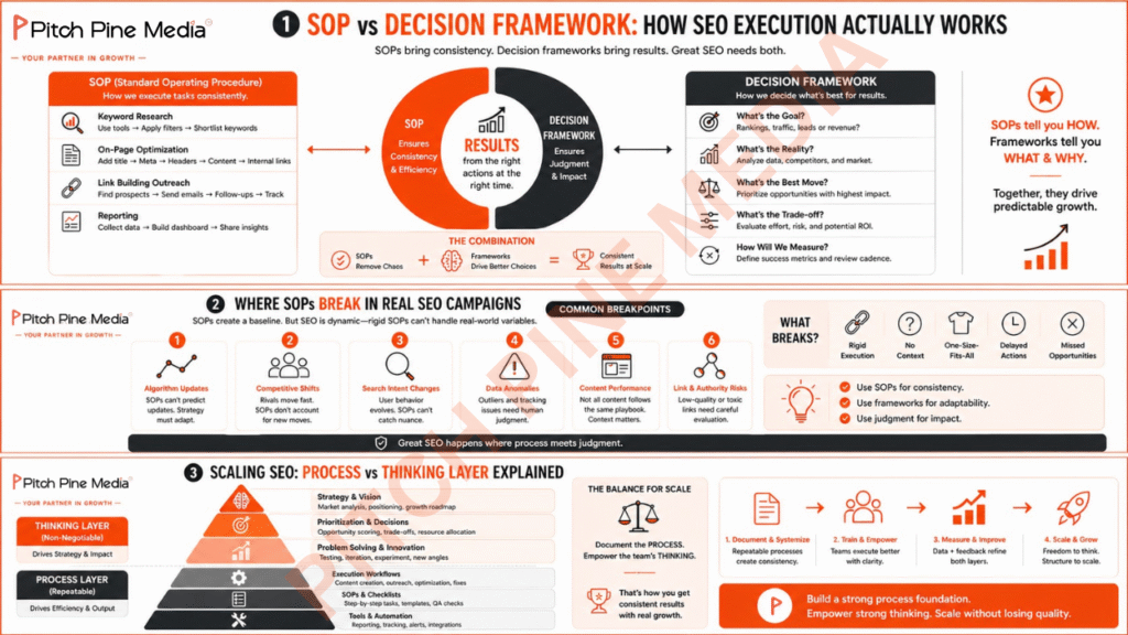 Infographic titled “SOP vs Decision Framework: How SEO Execution Actually Works.” It compares SOP-based tasks like keyword research, on-page SEO, link building, and reporting with decision frameworks that guide priorities, strategy, and performance. It also highlights where SOPs break in real campaigns and explains the difference between process layer and thinking layer for scaling SEO. Features “Pitch Pine Media” branding in an orange and white theme.