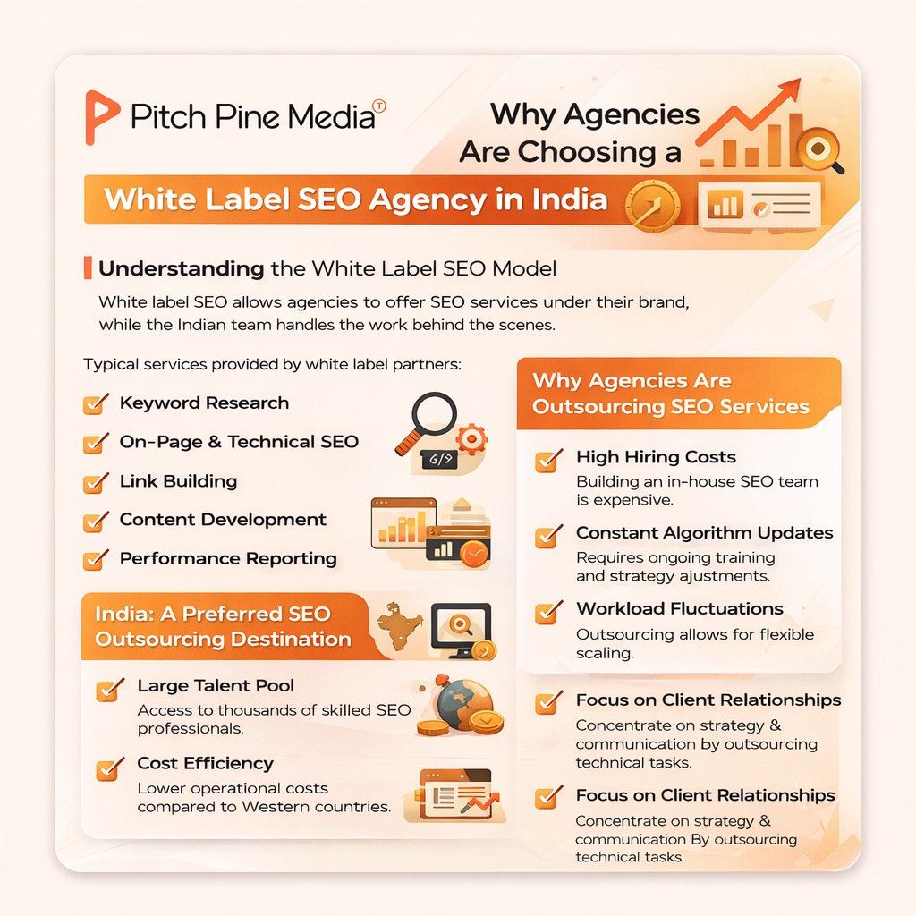Pitch Pine Media infographic about the benefits of outsourcing SEO services to India for agencies worldwide.