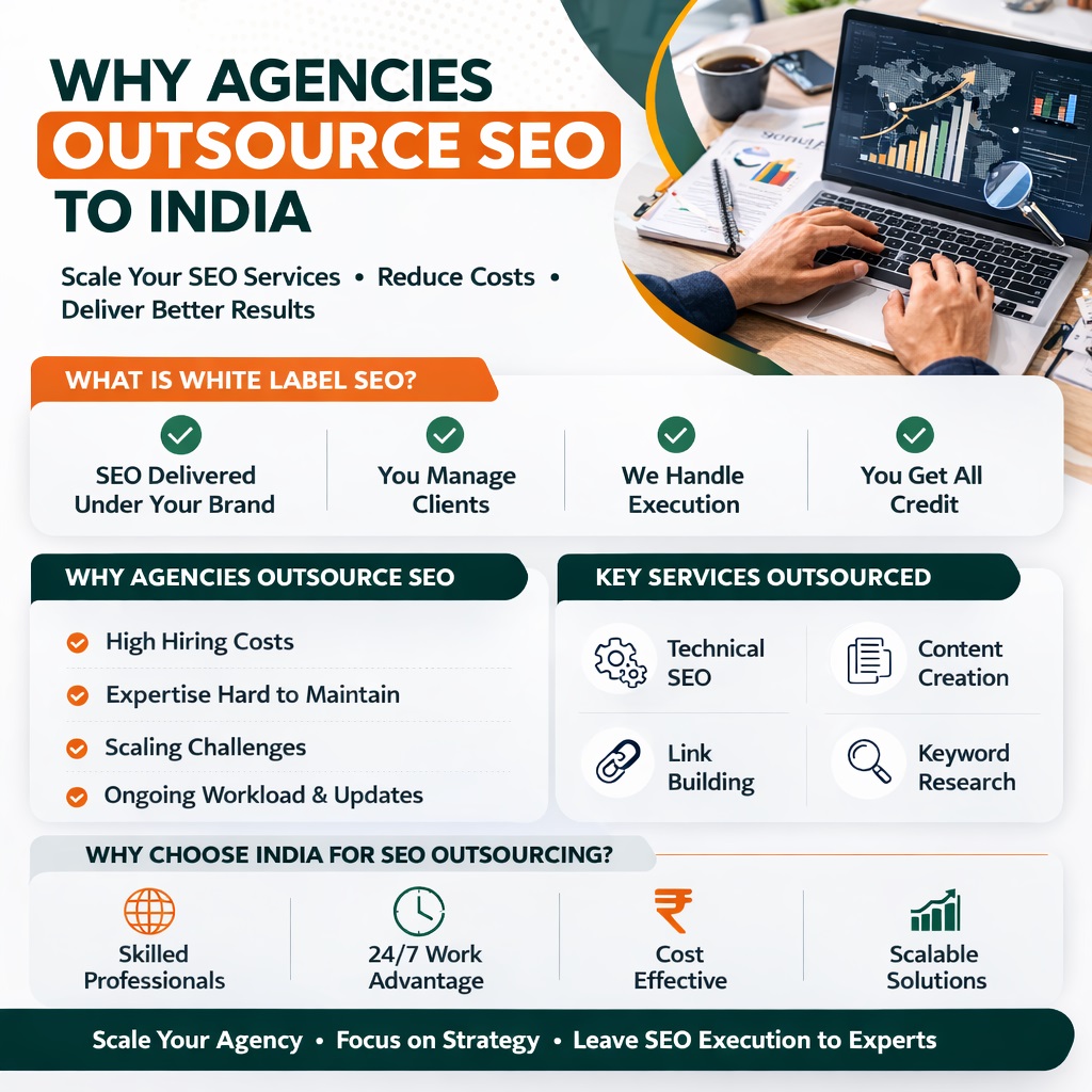 Marketing graphic showing how agencies scale their SEO services by outsourcing work to expert teams in India.