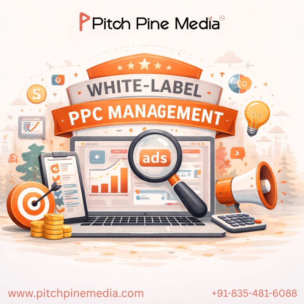 Illustration of white-label PPC management showing a laptop with ad campaign analytics, magnifying glass focusing on ads, and marketing icons representing paid advertising, campaign optimization, and performance tracking.