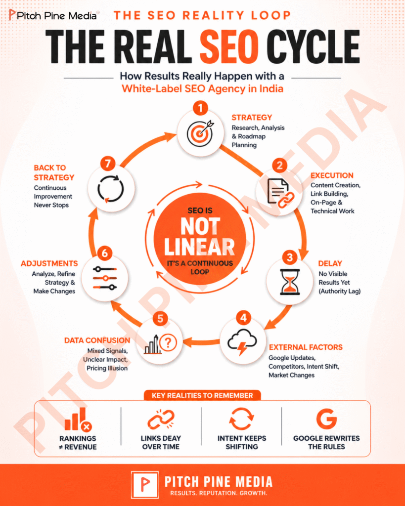 Circular infographic titled “The SEO Reality Loop” showing the non-linear cycle of SEO for a white-label SEO agency in India, including stages like strategy, execution, delay, external factors, data confusion, and adjustments, with key reminders such as rankings not equal to revenue and links decaying over time.