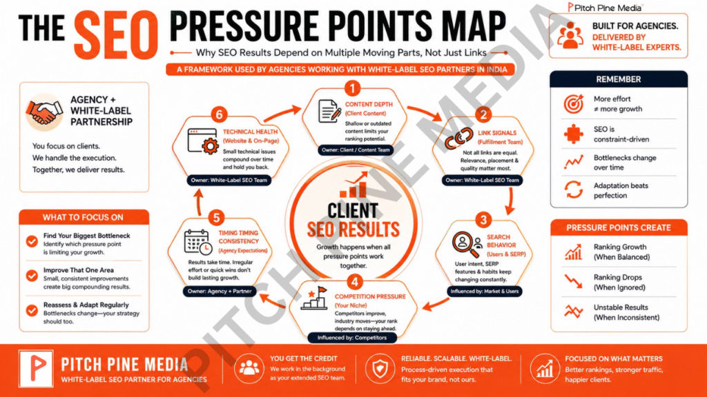 
“SEO Pressure Points Map” tailored for agencies using a white-label SEO agency in India, showing how client SEO results depend on content depth, link signals, search behavior, competition pressure, timing and consistency, and technical health, with roles split between agency and fulfillment team.