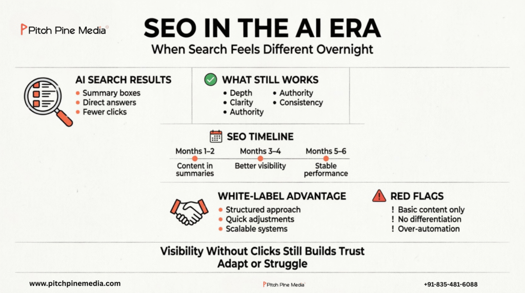 Infographic explaining SEO in the AI era, highlighting AI search results, what still works like clarity and authority, a 6-month SEO timeline, white-label advantages, and common red flags such as basic content and over-automation.