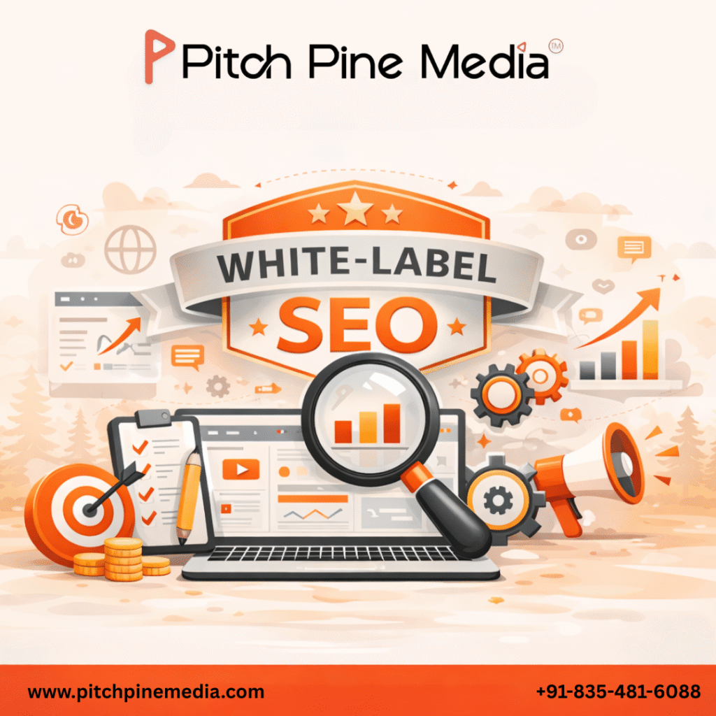 Illustration showing white-label SEO services with a laptop dashboard, magnifying glass, analytics charts, target icon, and marketing tools, representing SEO analysis, optimization, and scalable digital marketing support for agencies.