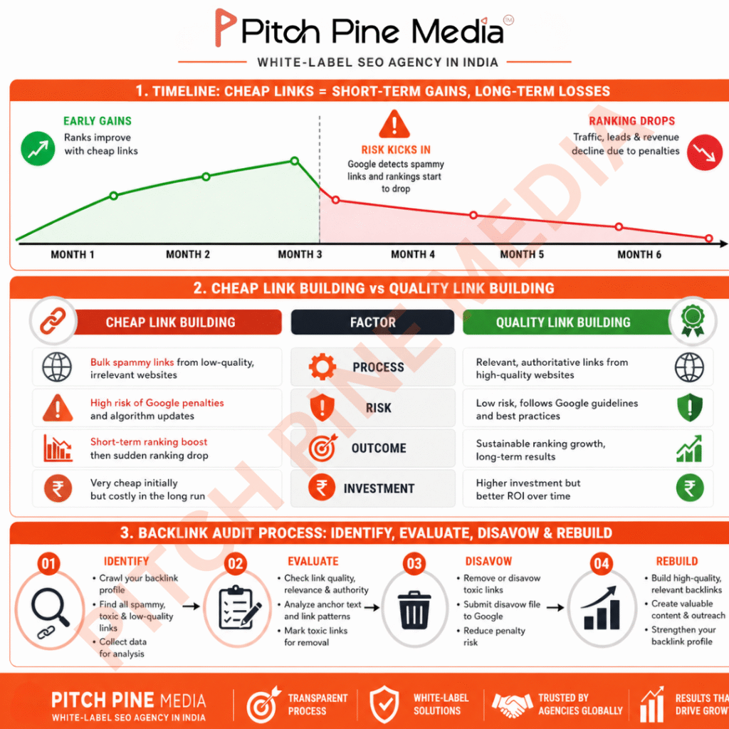 Infographic by Pitch Pine Media titled “White-Label SEO Agency in India” showing three sections: a 6-month timeline where cheap link building gives early ranking gains followed by drops after penalties, a comparison chart of cheap vs quality link building (process, risk, outcome, investment), and a backlink audit workflow covering identify, evaluate, disavow, and rebuild stages.