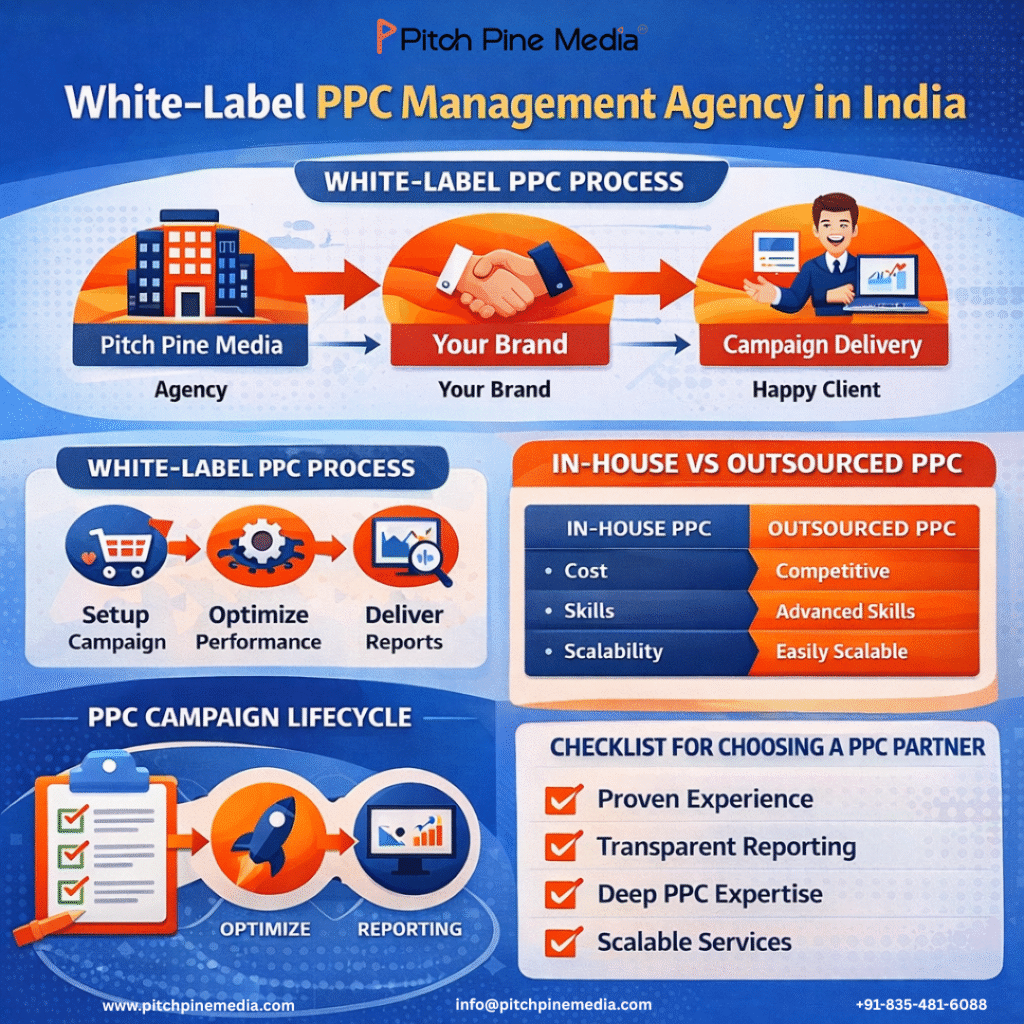 White-label PPC management agency in India infographic by Pitch Pine Media showing PPC workflow, campaign lifecycle, in-house vs outsourced comparison, and partner selection checklist
