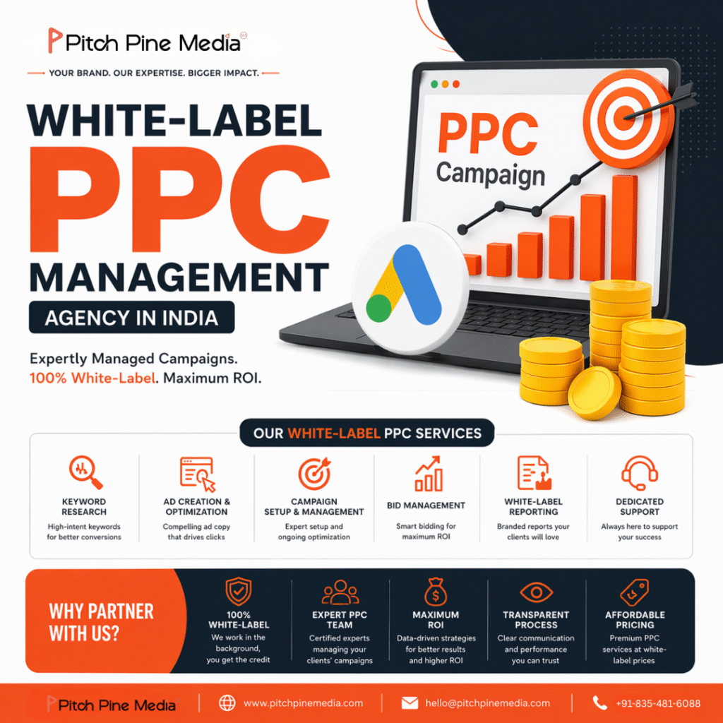 White-label PPC management agency infographic by Pitch Pine Media showing Google Ads campaign visuals, growth chart, and services like keyword research, ad optimization, bid management, reporting, and dedicated support.