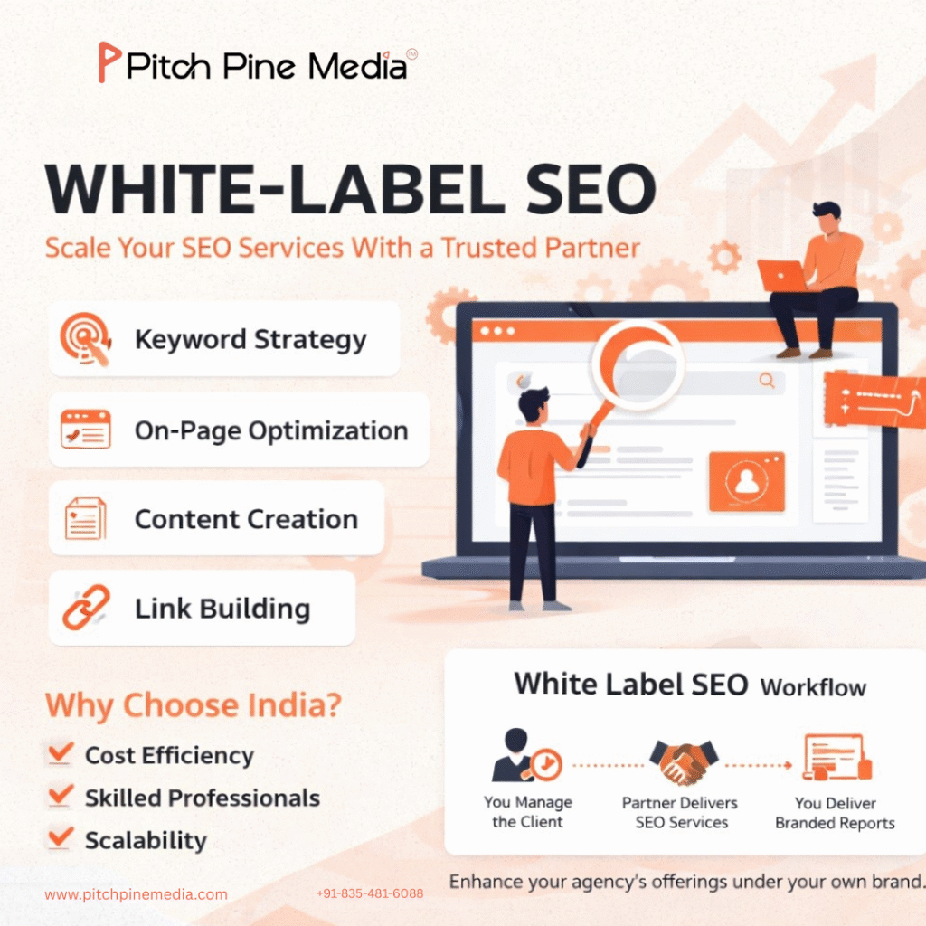 Infographic by Pitch Pine Media explaining white-label SEO services, highlighting key areas like keyword strategy, on-page optimization, content creation, and link building, along with benefits of outsourcing SEO to India such as cost efficiency, skilled professionals, and scalable agency growth.